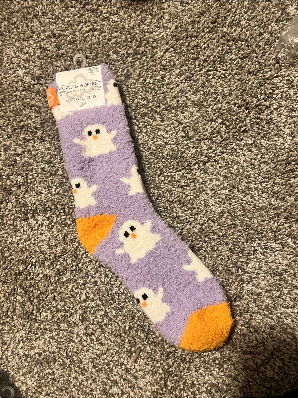 Plush Purple Ghost Socks with Orange Accents